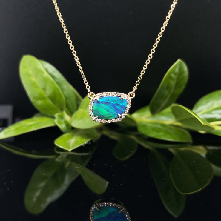 14k Opal and diamond halo Necklace