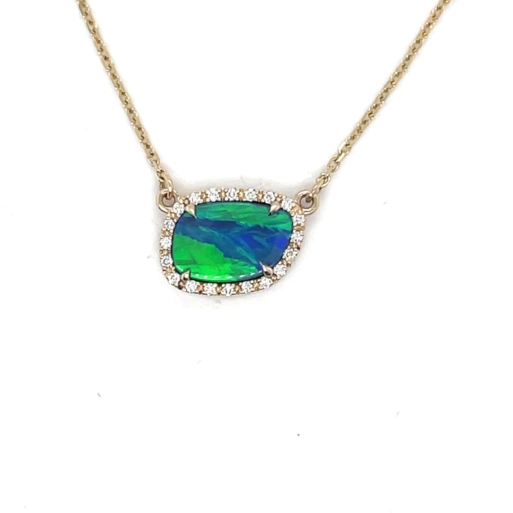 14k Opal and diamond halo Necklace