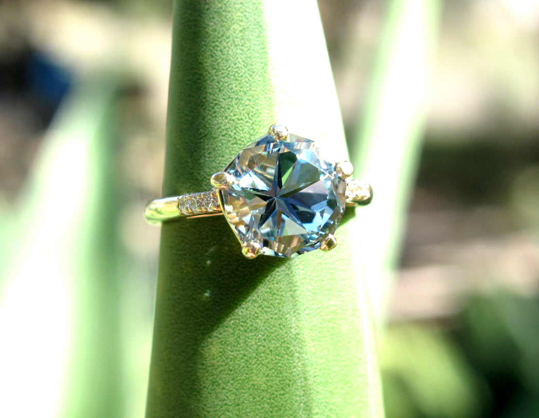 14KW Gold 7 mm Round Lone Star Cut Blue Topaz & Diamond Ring