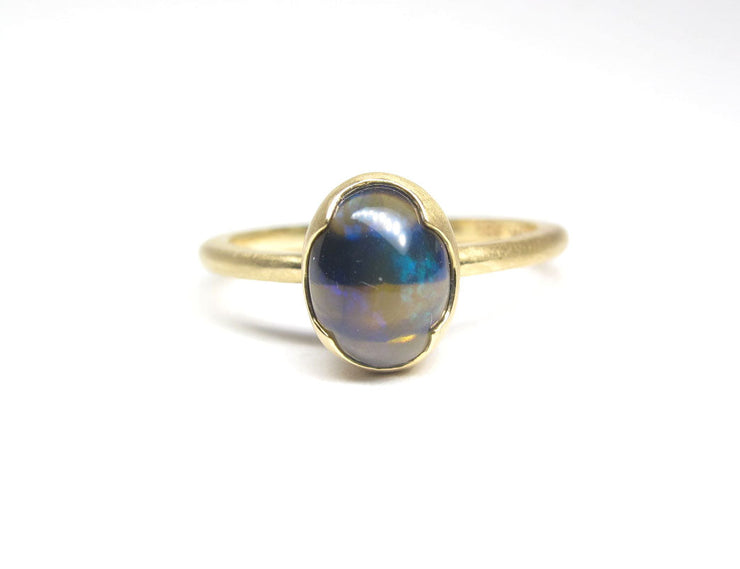 Black Welo Fire opal, 9x7mm, 18ky gold signature ring
