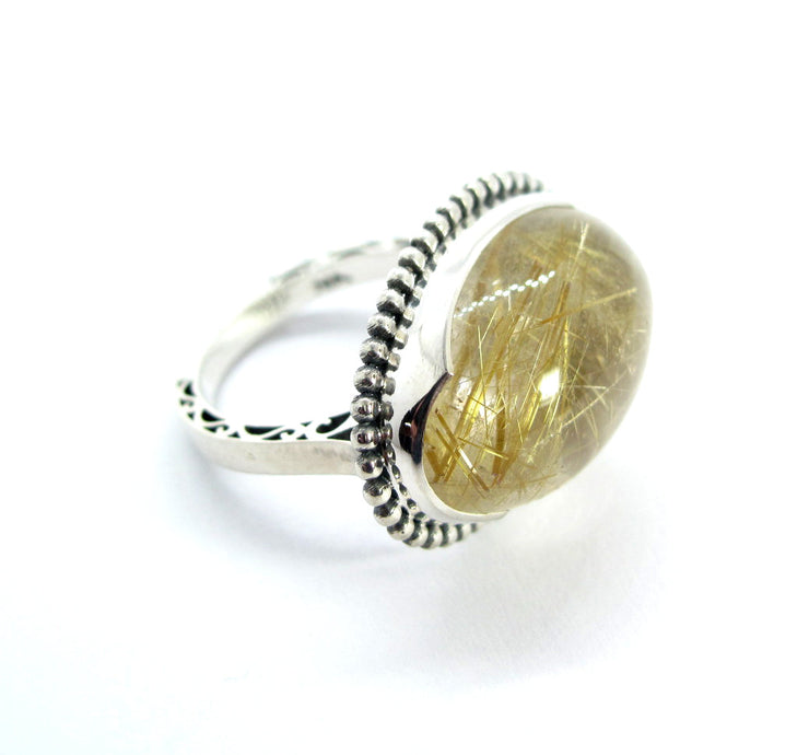 Rutilated Quartz Cabachon ring in sterling silver, Size 7