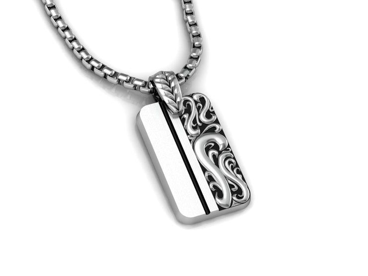Classic Scroll Dog Tag, with Chain 24”