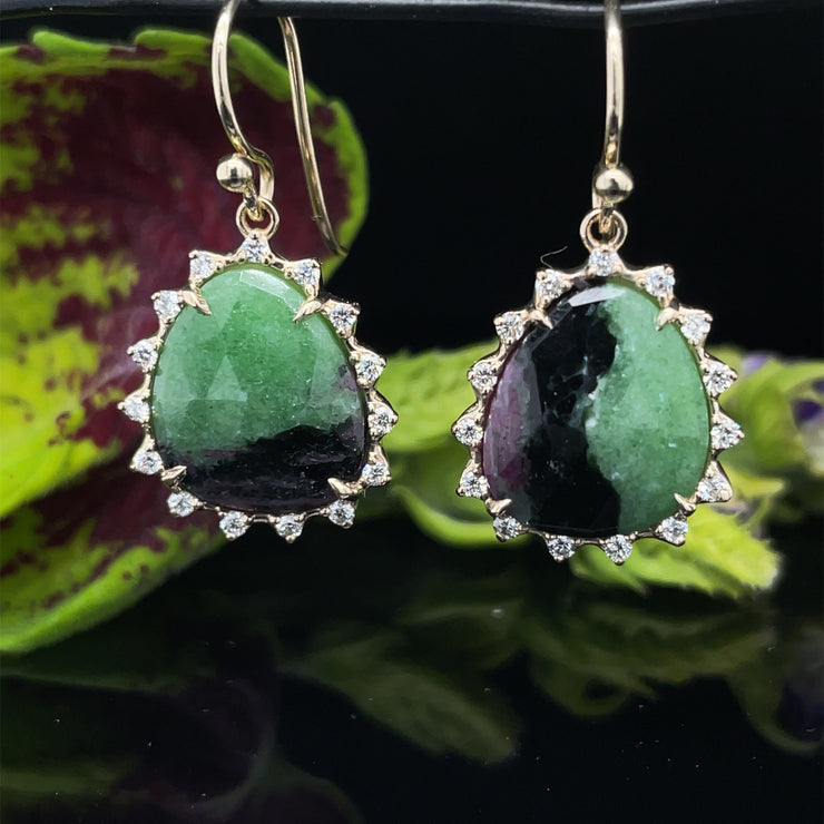 Rose Cut Ruby Zoisite and Gold Diamond Earrings