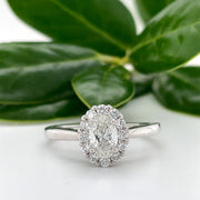 14kw gold  1/2 carat Oval diamond halo ring with .30 carat diamond halo
