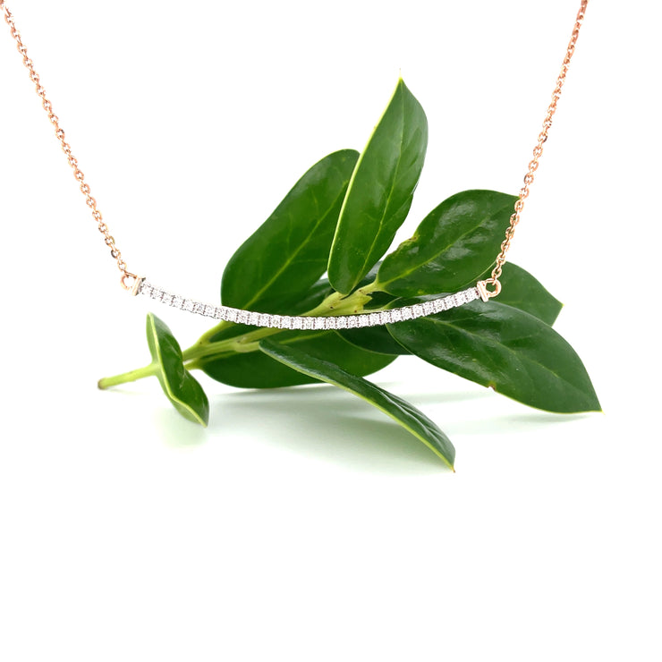 14k rose gold curved diamond bar necklace