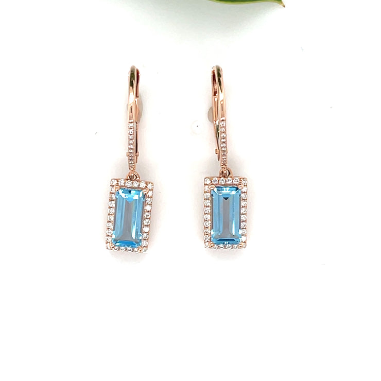 14k rose gold Blue topaz and diamond dangle earrings