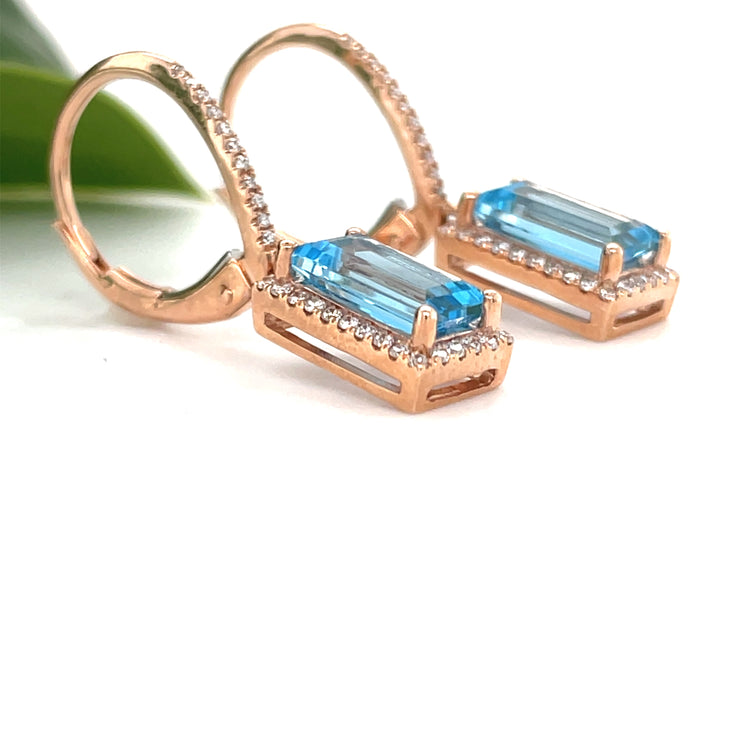 14k rose gold Blue topaz and diamond dangle earrings