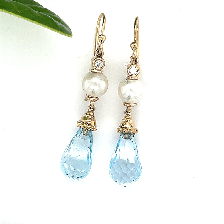 14k yellow gold Blue Topaz Briolette drops, pearls and diamond earrings