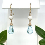 14k yellow gold Blue Topaz Briolette drops, pearls and diamond earrings