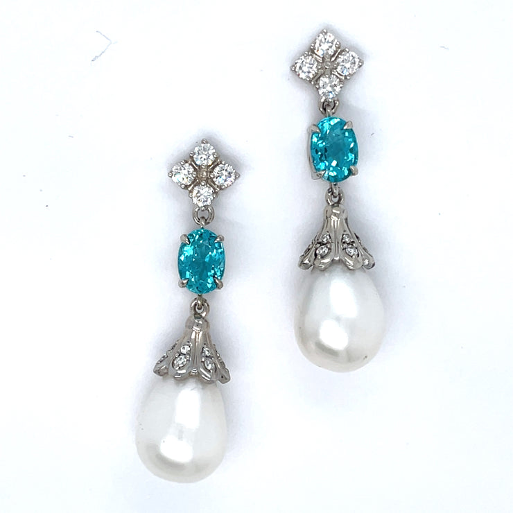 Pearl, Diamond and Neon Blue Apatite Earrings