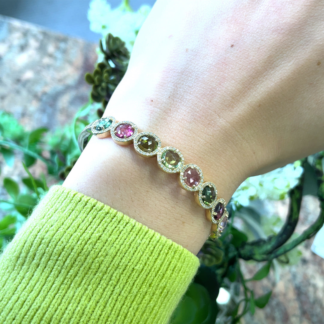 Rose Cut multi color tourmaline and diamond bracelet 14k gold