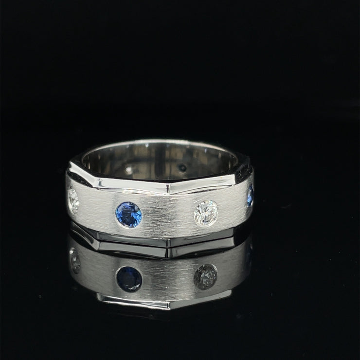 Diamond and Sapphire Gents Ocatgon bevel 18k white gold Ring