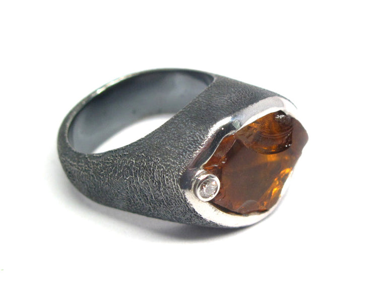 Madiera Citrine Natural gemstone and diamond ring in Antiqued sterling silver