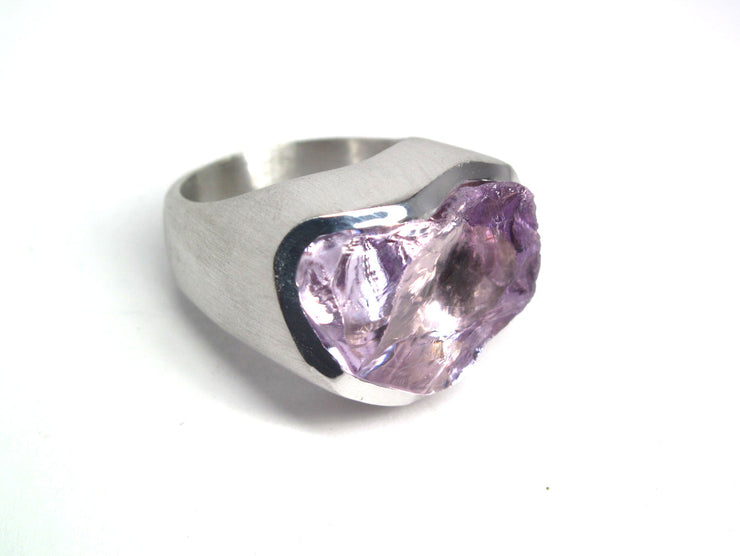 Light Pink Amethyst Rough natural gemstone ring In brushed sterling silver. Finger size 6.25