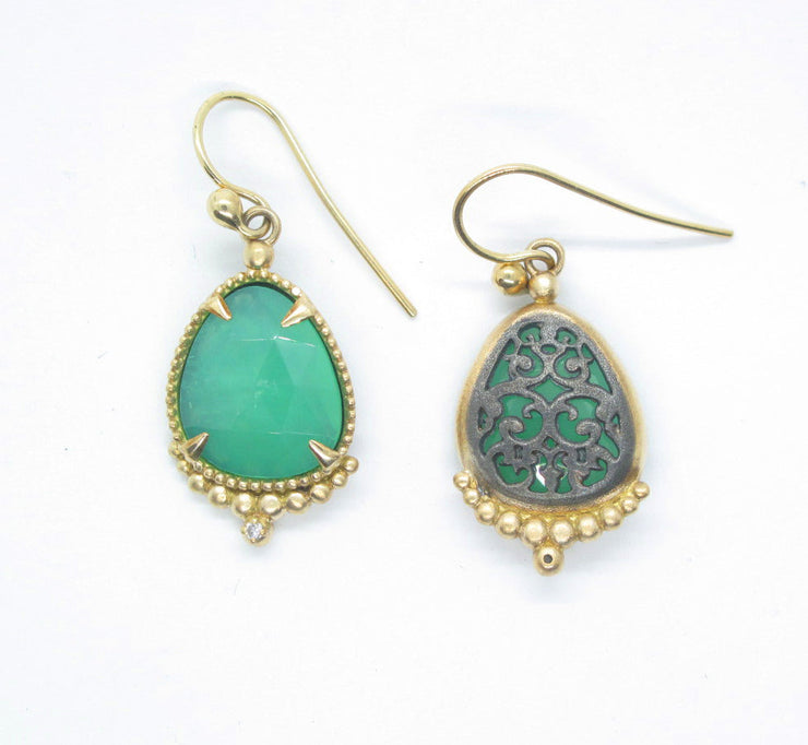 Chrysoprase Earrings in 14ky gold and diamond earrings