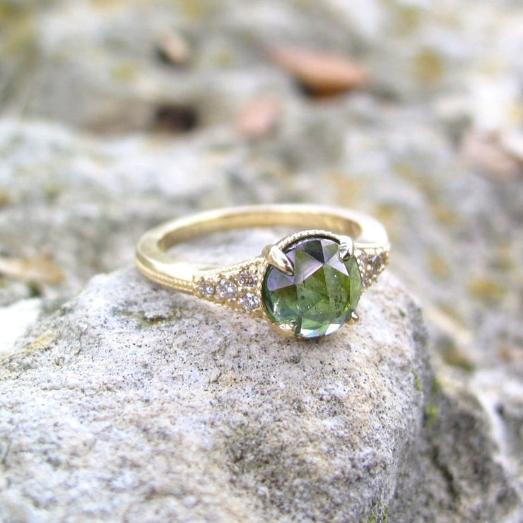 Green Sapphire Rose cut and diamond ring