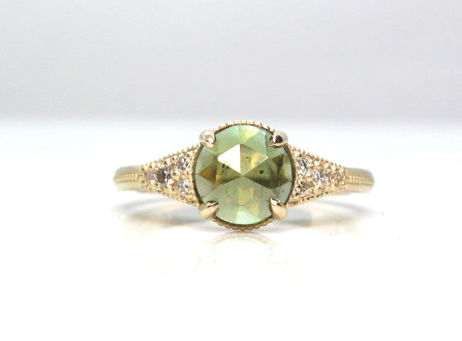 Green Sapphire Rose cut and diamond ring