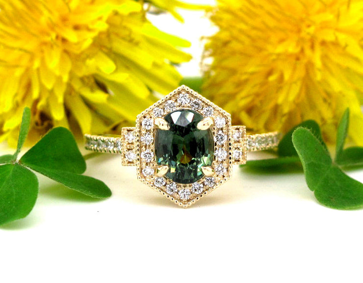 Fancy Green Oval Sapphire and Diamond Engagement Ring