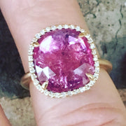 4 carat pink tourmaline slice and diamond halo ring in 14ky gold
