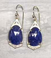 "Cathedral"  Drop Earrings with 10.5 carats slice Sapphire, diamond, 14ky gold earrings