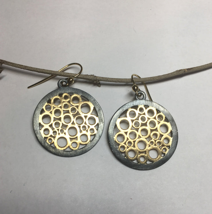 "Jubilee "   Circle Round mesh 14ky gold and antique silver earrings