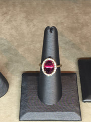 3 carat Rubelite Tourmaline Cabochon with diamond halo 14k gold ring