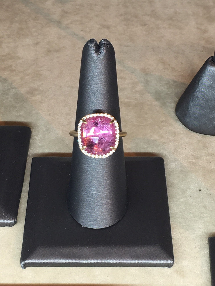 4 carat pink tourmaline slice and diamond halo ring in 14ky gold