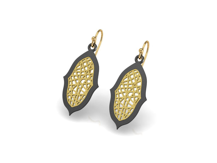 "Ovalesque" Sea Fan Coral pattern 14k gold drop earrings and Antique silver