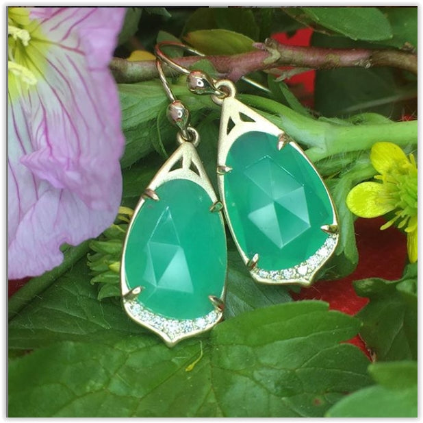 "Cathedral" Drop Earrings with Chrysoprase, diamond in 14ky gold earrings