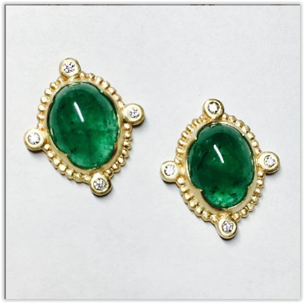 4.46 carat Emerald Cabochon and diamond earrings in 14k yellow gold