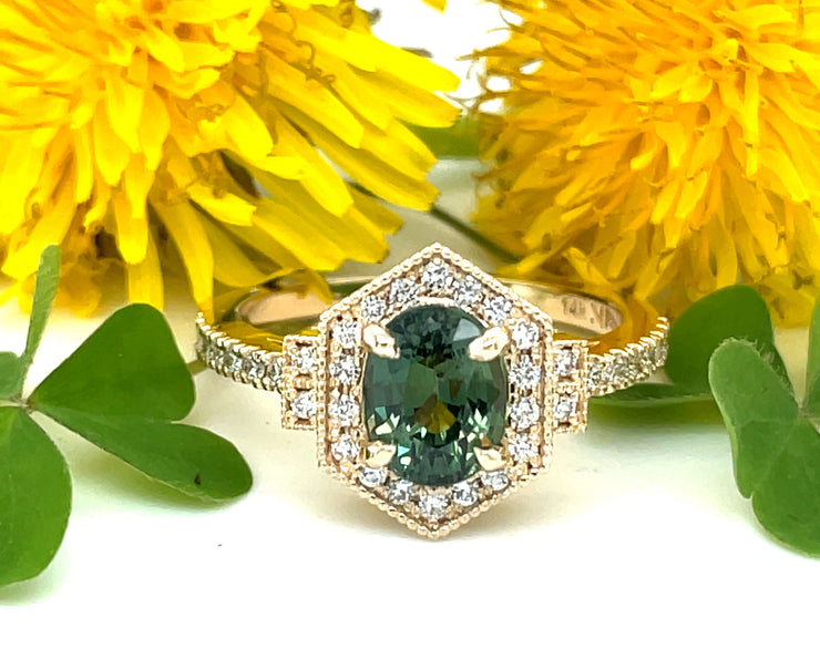 Fancy Green Oval Sapphire and Diamond Engagement Ring