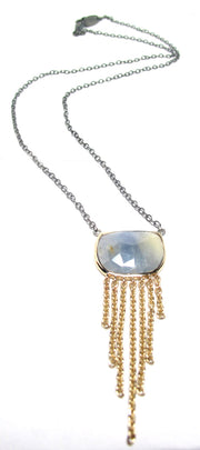 Natural milky blue sapphire and 14k gold chain on antiqued silver Necklace