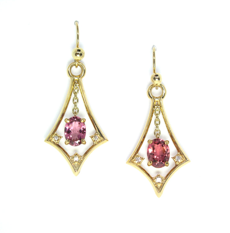 Pink Tourmaline Dangle earrings in 14ky gold and diamond