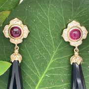 Ruby Black Onyx Briolette Diamond 14k gold Earrings