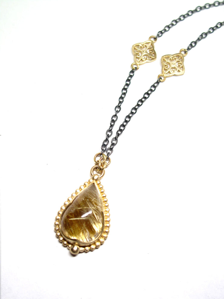 Rutilated Quartz 14k rich yellow gold and antiqued silver pendant